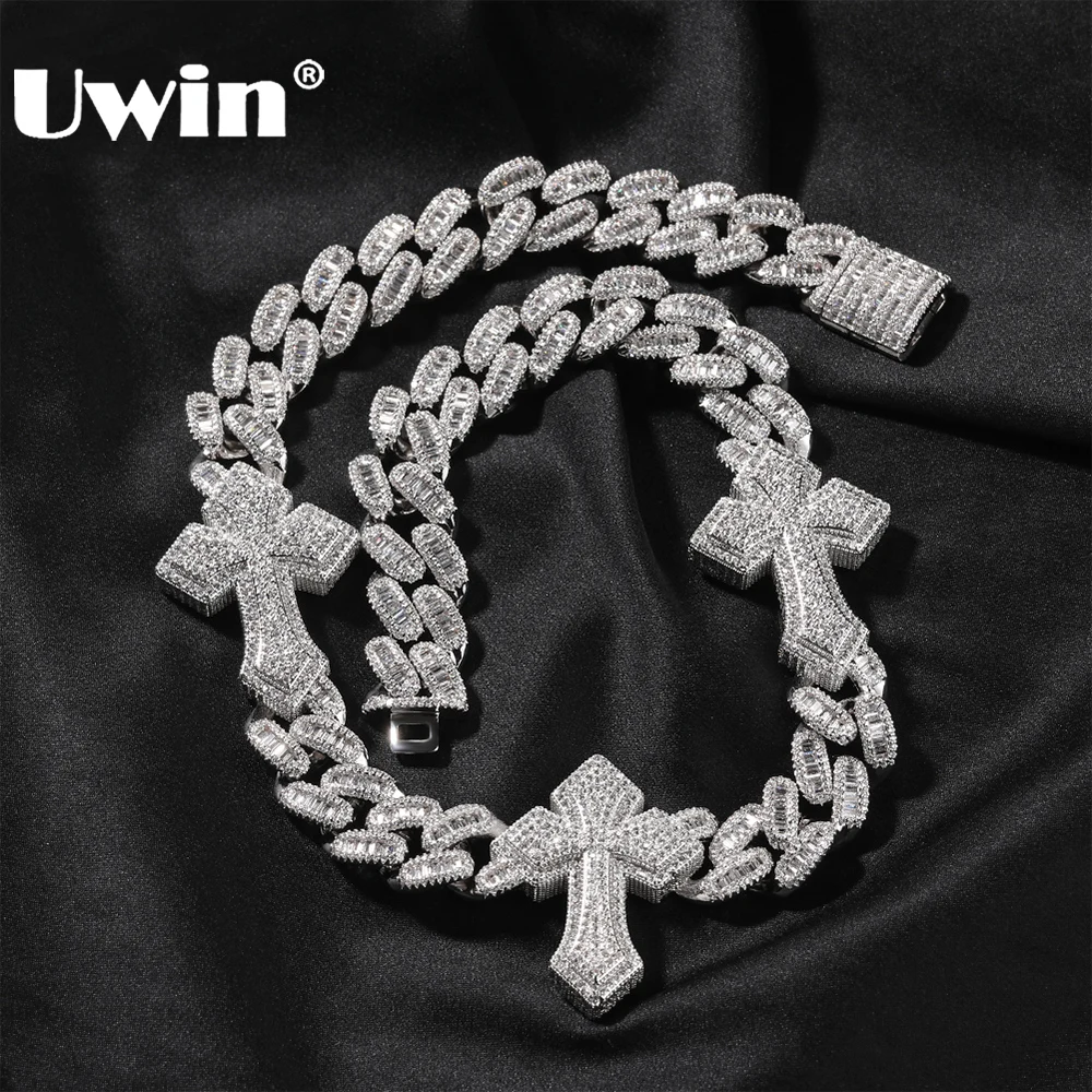 

UWIN Iced Out Baguttecz Cross Cuban Link Chain Necklace for Men Paved Setting Cubic Zircon 15mm Width Choker Fashion Jewelry