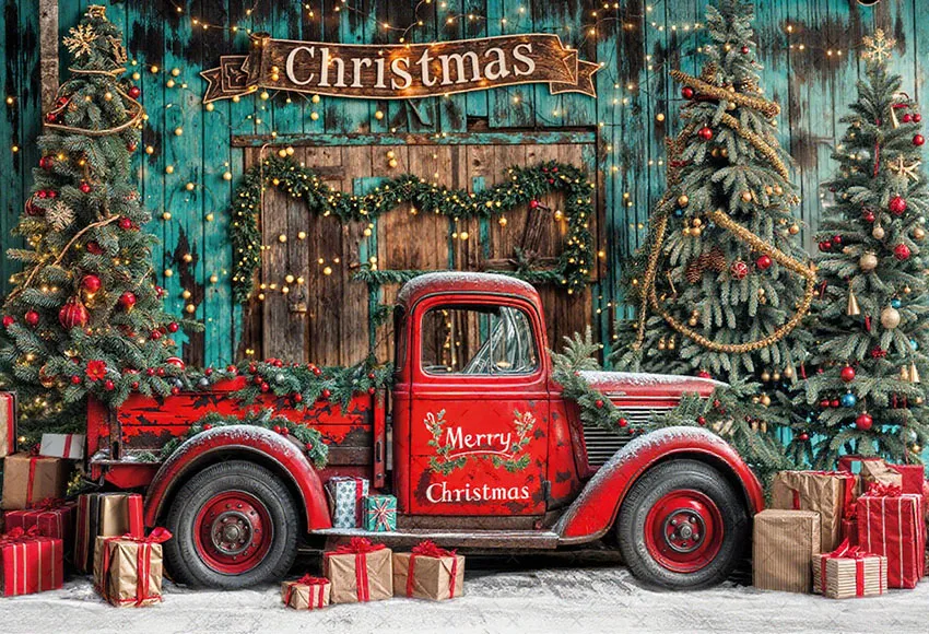 Mehofond 사진 배경 메리 크리스마스 정문 트럭 크리스마스 트리 선물 어린이 가족 초상화 장식 배경 사진 스튜디오