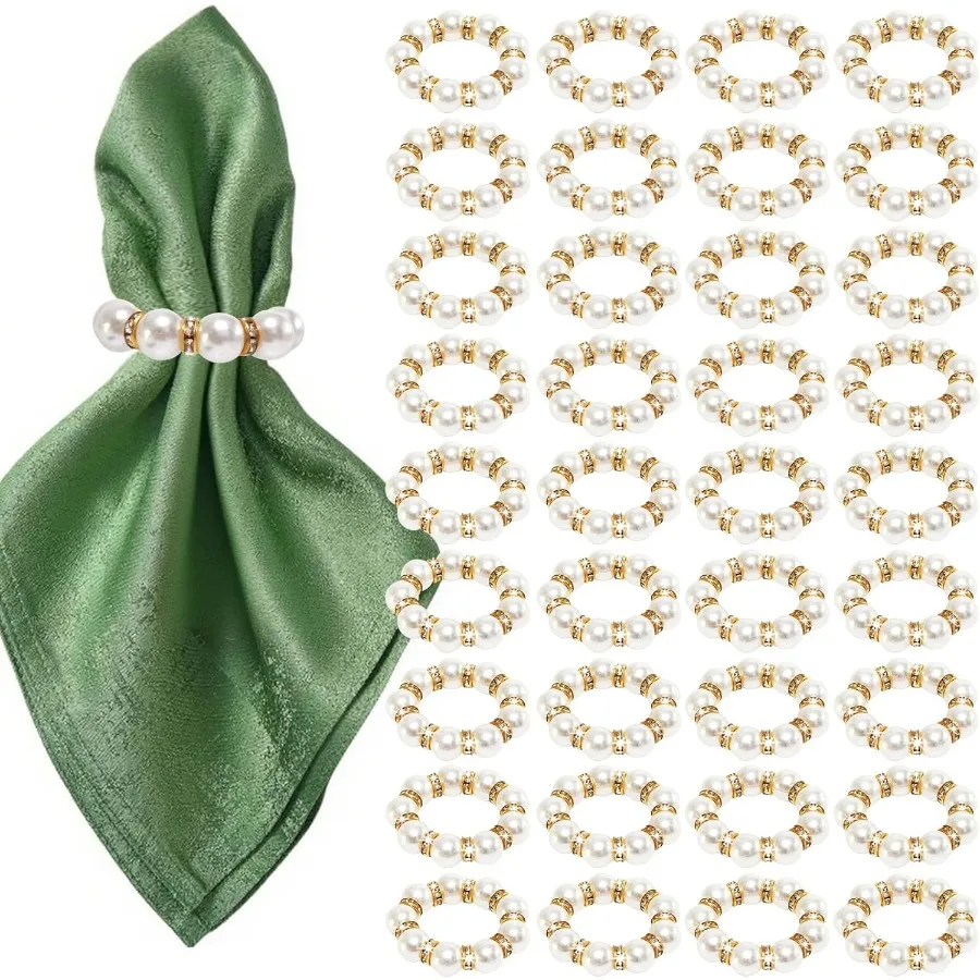 

100Pcs Gold Disposable Imitation Pearl Napkin Rings Exquisite White Gold Beaded Napkin Rings for Wedding Party Table Decoration