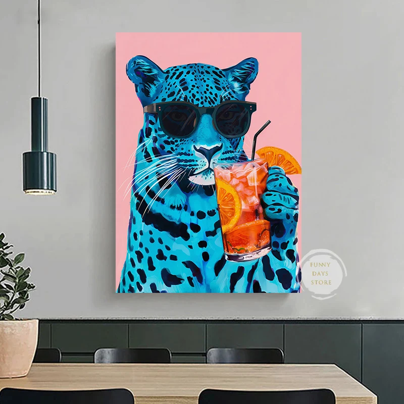 Cute Otter Eating Pizza Leopard Tiger and Cocktail Canvas Painting Colorful Trendy Kitchen Food Poster Print Dining Home Room