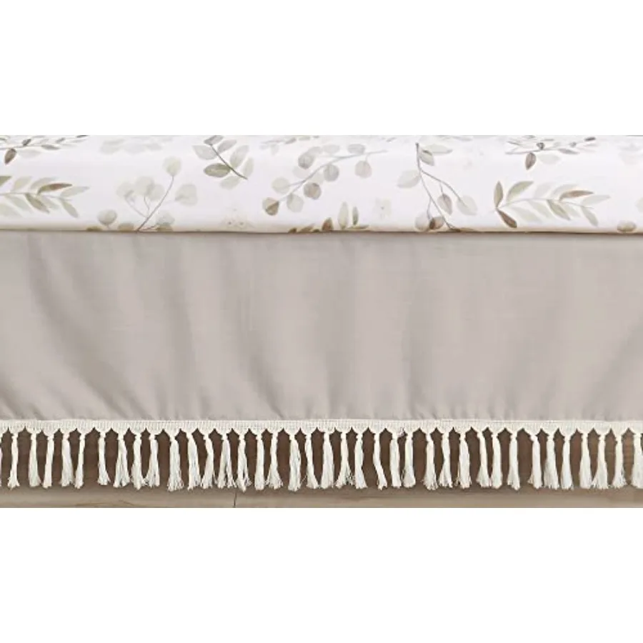 Falda de cuna boho con flecos para bebé (niño o niña) - Volante antipolvo de lino beige y tostado con borlas de macramé para decoración bohemia