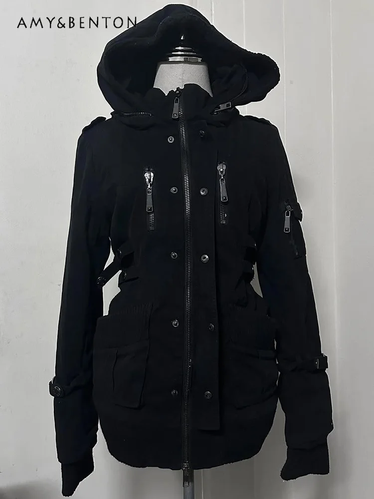 

Harajuku Style Sweet Cool Girl Black Jacket Women Autumn 2025 New Street Punk Subculture Long Sleeve Slim Fit Hooded Jackets