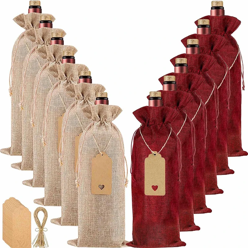 

12Pcs Burlap Wine Bags Wine Gift Bags for Christmas Wedding Birthday Multicolor Wine Bottle Bags with Drawstrings Tags&Ropes