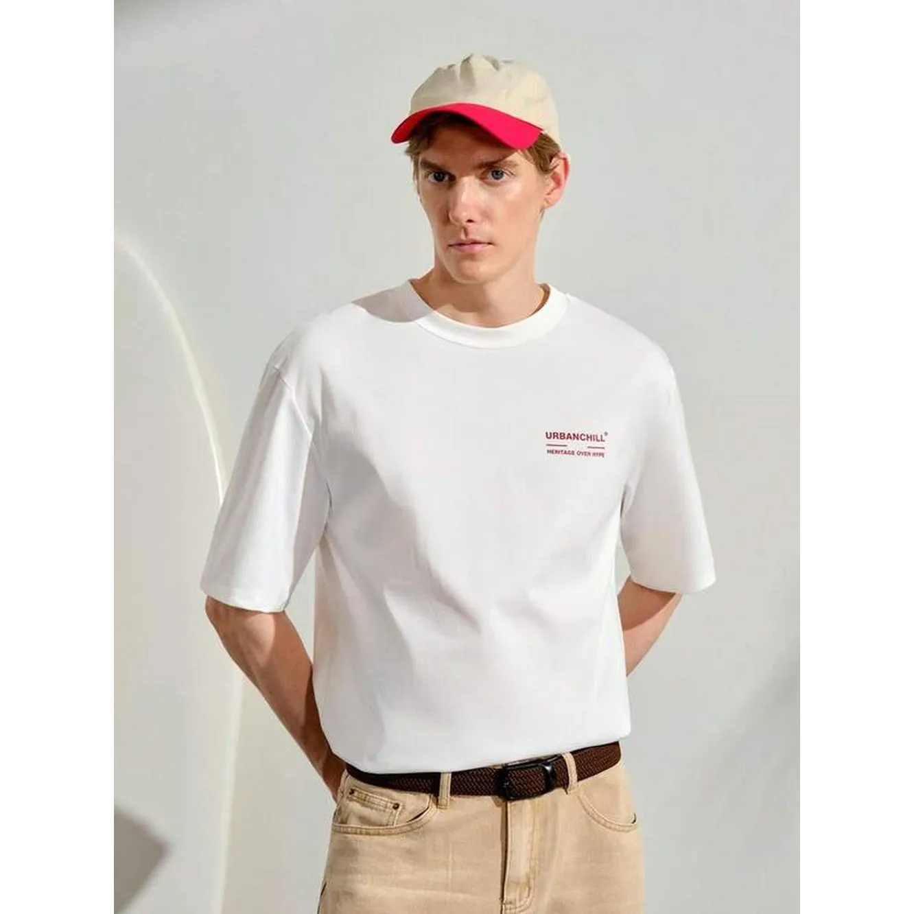 VeloEdit Standard Size Men's White Cropped Boxy Vintage T-Shirt, Summer