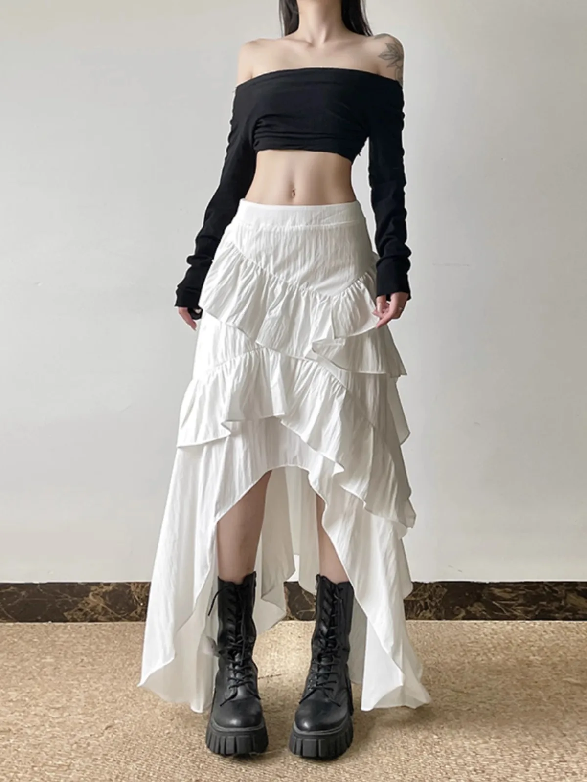 High Waist A-Line  Skirt with Lace Trim White Unique Design Spring Autumn Cotton Gored Skirt for Young Women