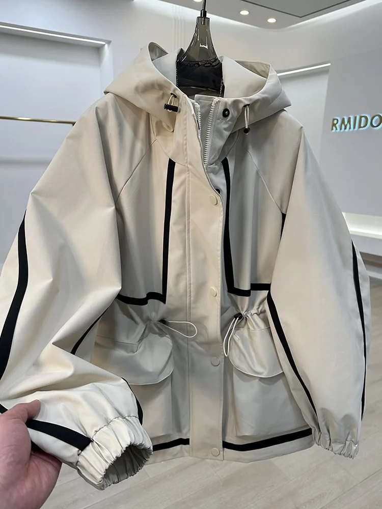 Chaqueta Corta con Capucha y Bloques de Color Es, Cortavientos Casual de Moda para Mujer con Correa, Nuevo Estilo u...