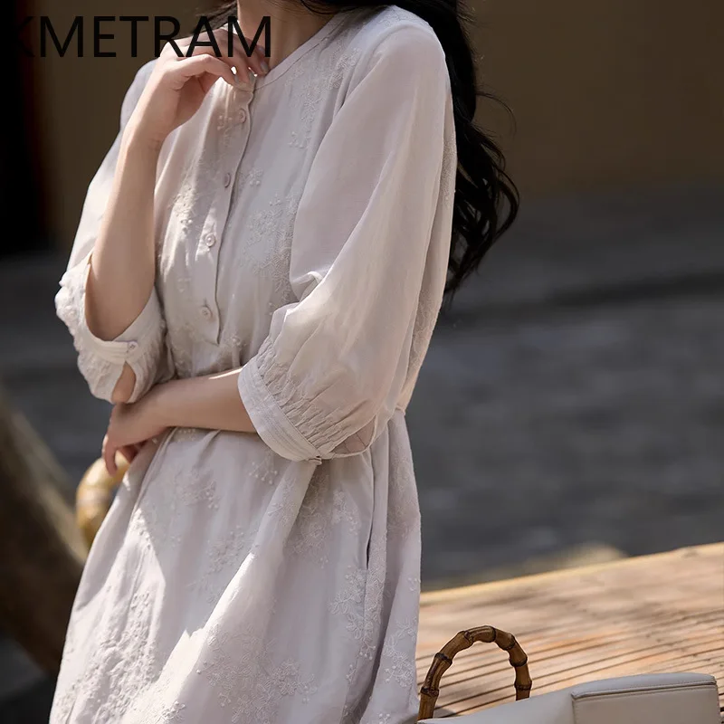 فستان نسائي من KMETRAM مصنوع من الحرير + القطن فساتين فاخرة مطرزة لملابس النساء على شكل حرف a صيف جديد في فساتين 2025 Vestidos Mujer