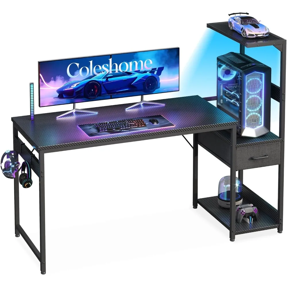 Bureau Gaming avec éclairage LED, 137 × 48 cm Bureau Gamer avec Rangement Tiroirs et étagères, Bureau Informatique Réversible