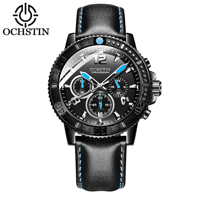 OCHSTIN Luxury Brand Men Leather Sports Watches Men's Army Military Watch Waterproof Luminous Chronograph Male Date Quartz Clock