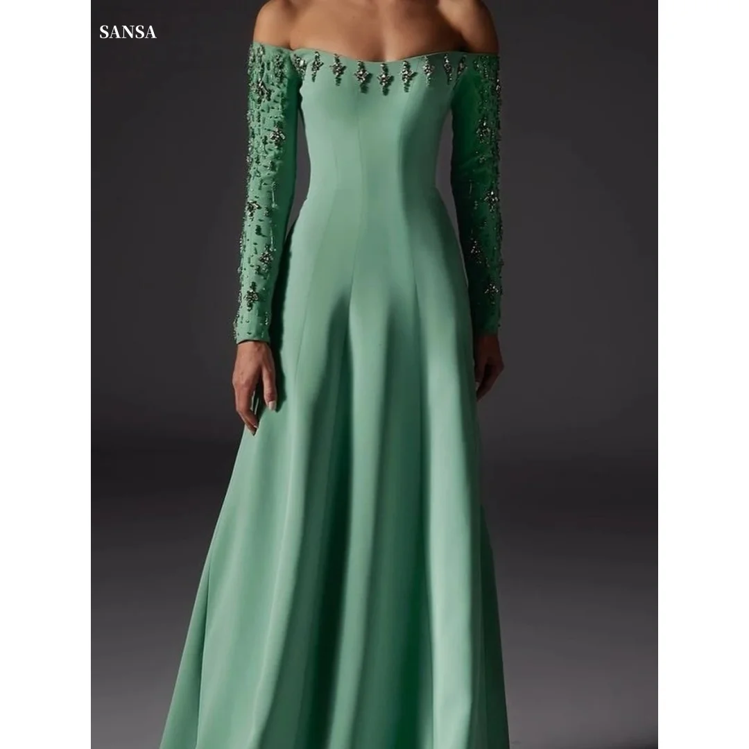 

Sansa Customized Green Glitter Off The Shoulder Prom Dresses Long Sleeves فساتين للمناسبات الخاصة Strapless vestidos de festa