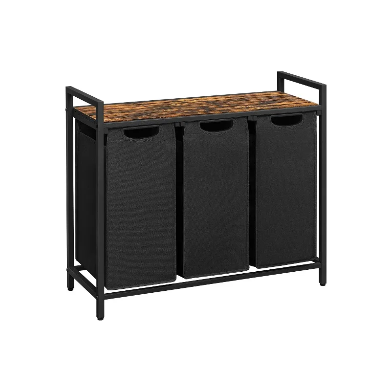 Laundry Hamper, Laundry Basket, Laundry Sorter With 3 Pull-Out And Removable Bags, 1 Storage Shelf, 10 Gal Capacity Per Bag, For Bathroom, Laundry Room, Ink Black And Rustic Brown UBLH301B01V1
