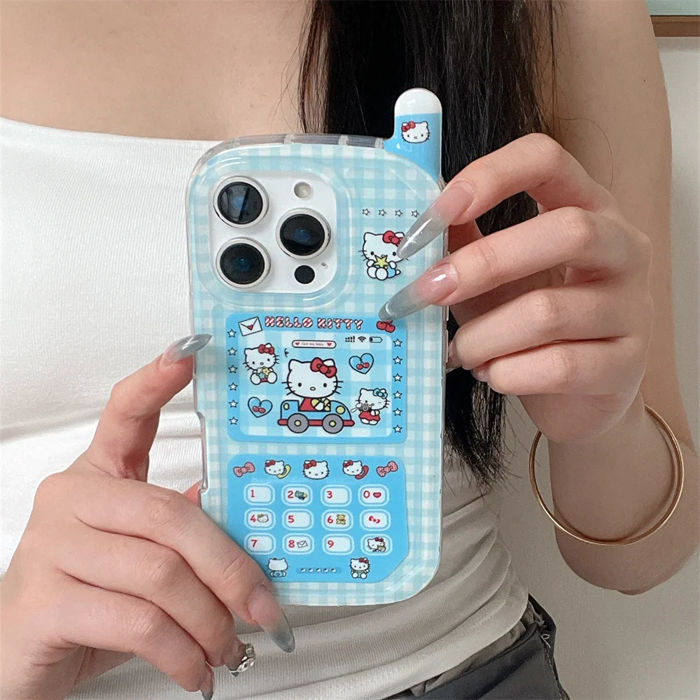

Cute plaid blue phone case for iPhone 14 13 16 15 promax Fundas 16 pro cover with Hello Kitty for girls shock protection cover