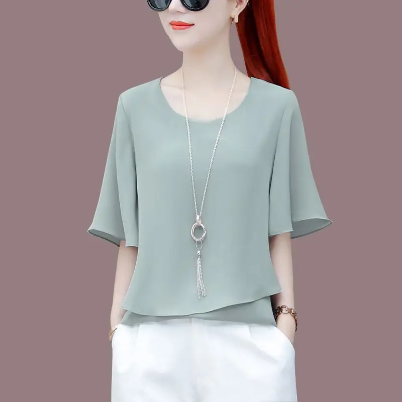 Elegant Solid Color Spliced Irregular Chiffon Blouse Women\'s Clothing 2024 Spring New Casual Pullovers Office Lady Shirt