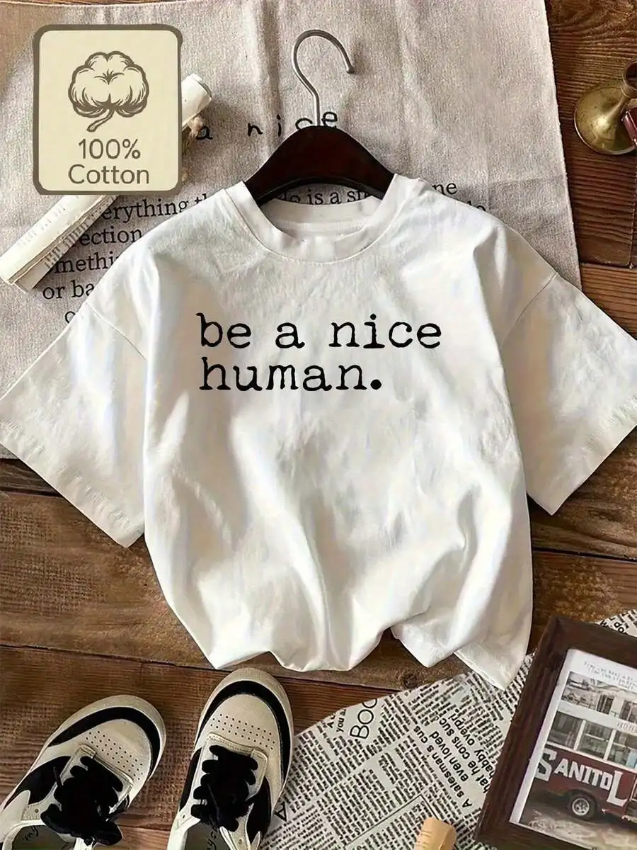 Nice Human Reminder Printed Women's Round Neck Short Sleeve-Shirt, Nine Colors, Essential Comfortable-Shirt Spring And Summer, FUSE Light Gray