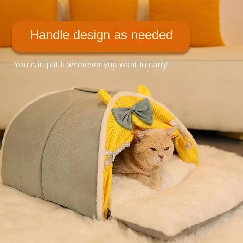 Semi-Enclosed Cute Cat Kennel Bed Winter Windproof Nest for Dogs Cats with Door Curtain Outdoor Portable Cat Tent Villa Sleep