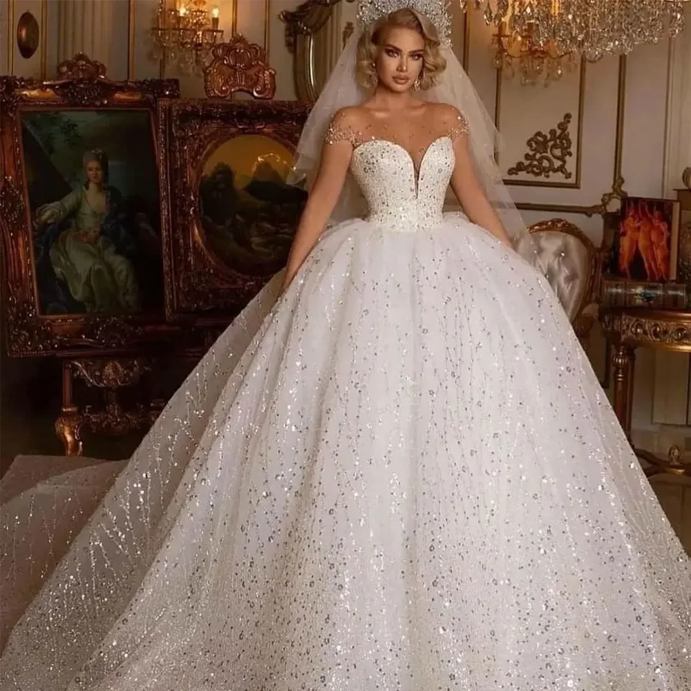 

Princess Sweetheart V Neck Tulle Glitter Beaded Cap Sleeves Ball Gowns Bridal Robe De Mariee 2024