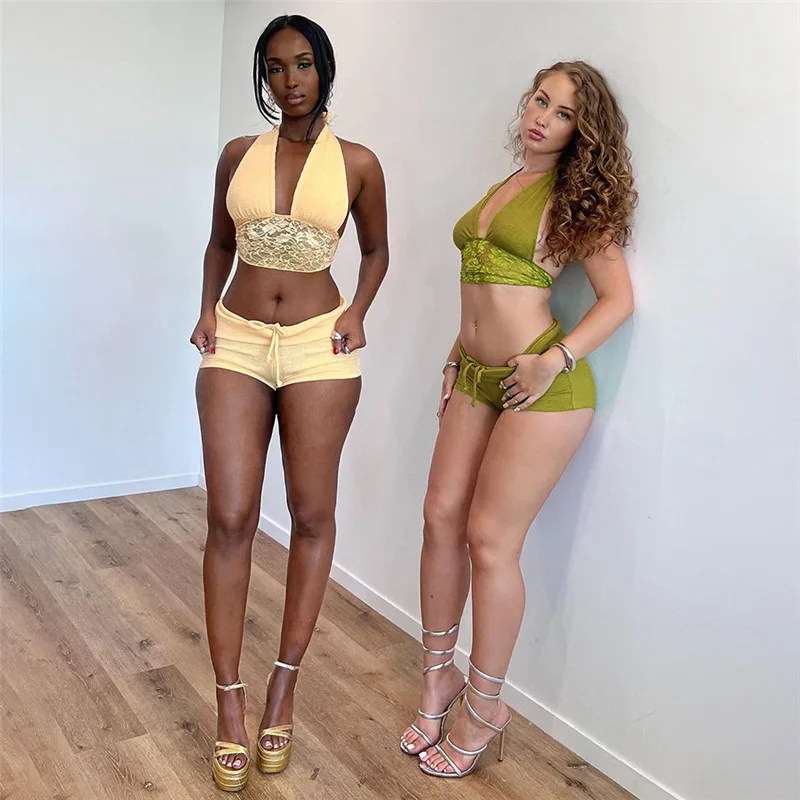 Crop Lace Tops Summer 2 Piece Pant Set Outfits Women Y2K Streetwear Sexy Club Halter Crop Shirts Two Piece Set Shorts Pant