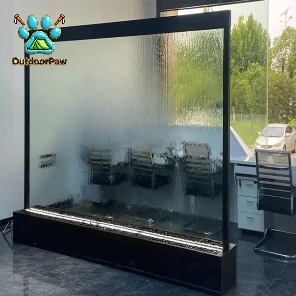 Modern glass waterfall wall with LED removable water wall fountain for use as house waterfall and room divider
