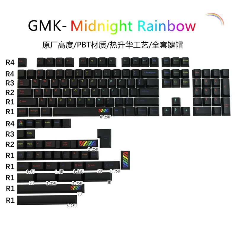 GMK Midnight Rainbow Keycaps, 140 Keys PBT Keycaps Cherry Profile DYE-SUB Personalized GMK Keycaps For Mechanical Keyboard