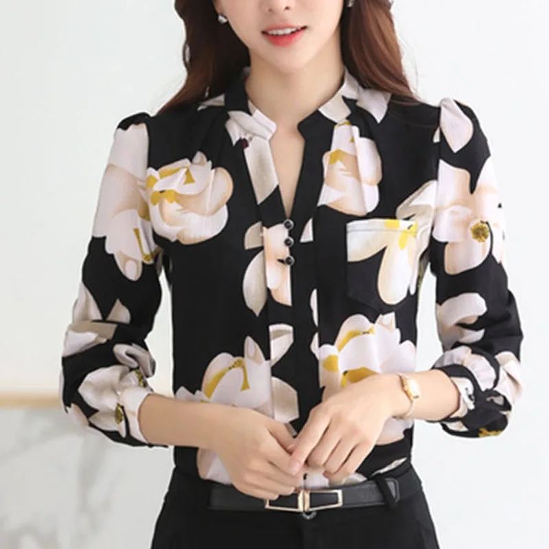 Mode Print Lange Mouw Tops V-hals Slanke Chiffon Blouse Dameskleding 2023 Lente Zakelijk Kantoor Werkkleding Shirt Blusas 882G