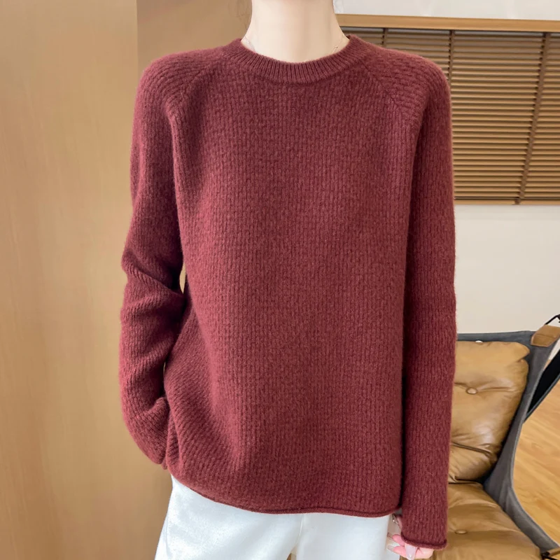 Round Neck Lazy Style Sweater Women's AutumnWinter Long Sleeved Solid Color Loose Fitting Pullover 100%Merino Pure Wool Knit Top