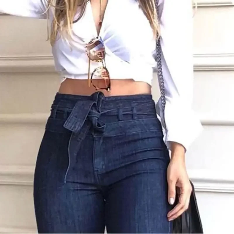 Elegant High เอว LACE-up Flare กางเกงผู้หญิงสะโพกเดินทางกระดิ่งด้านล่าง DENIM กางเกงแฟชั่นหญิง Streetwear