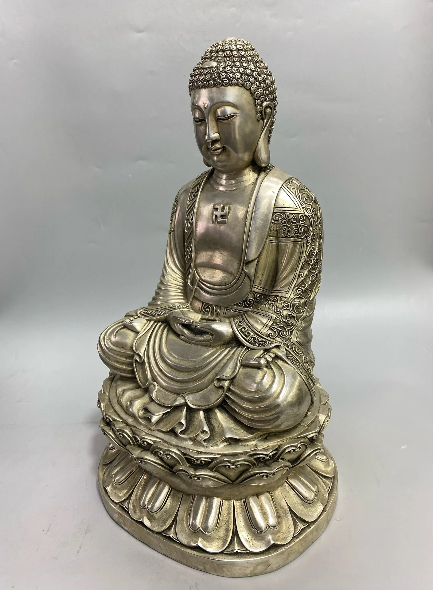 Old Bronze Gilded Silver Amitabha Buddha Shakyamuni sitting Buddha Lotus Terrace Worship Hall Town house Exorcism