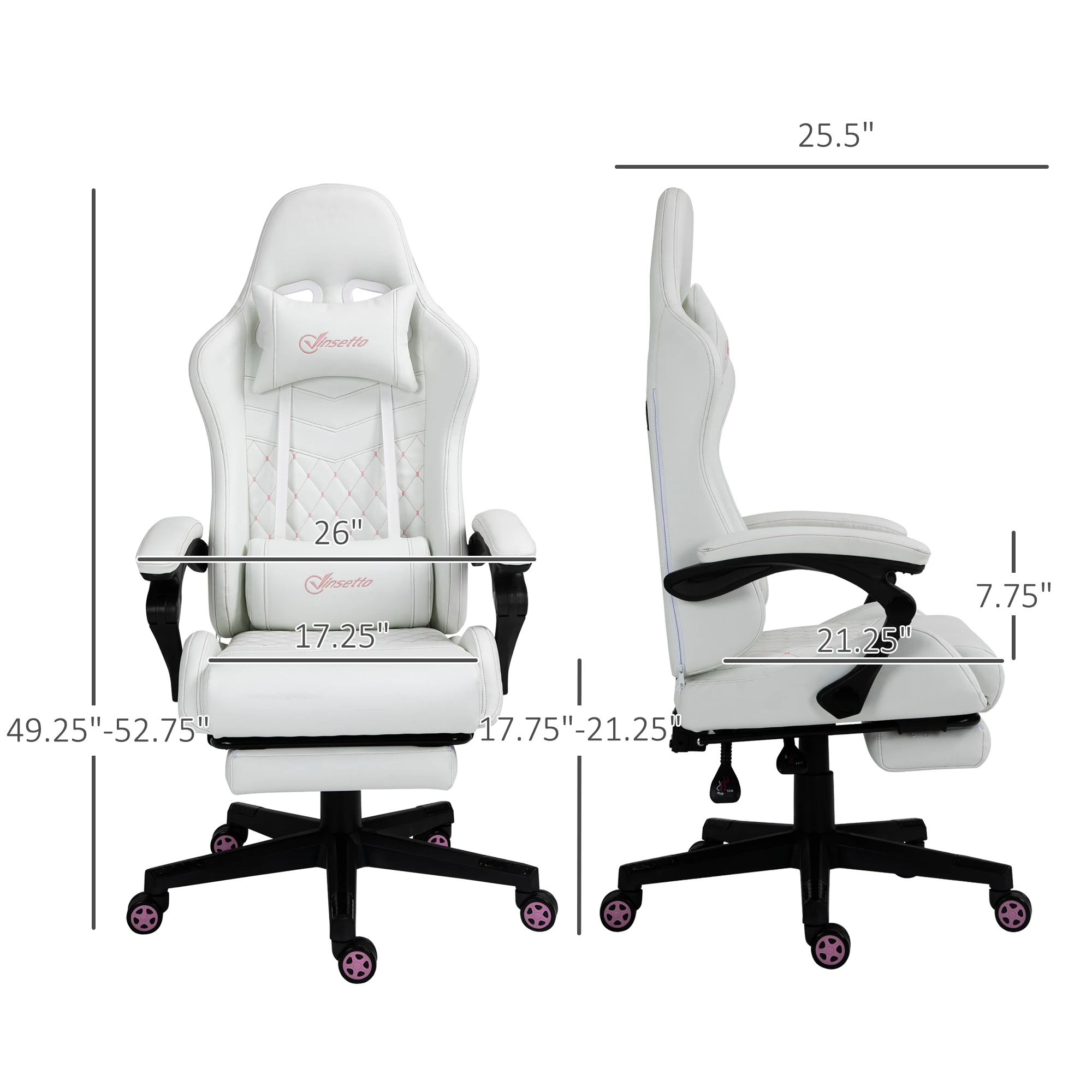 Racing Gaming Chair W/ Padded Arms, Pu Leather Gamer Recliner Home Office White