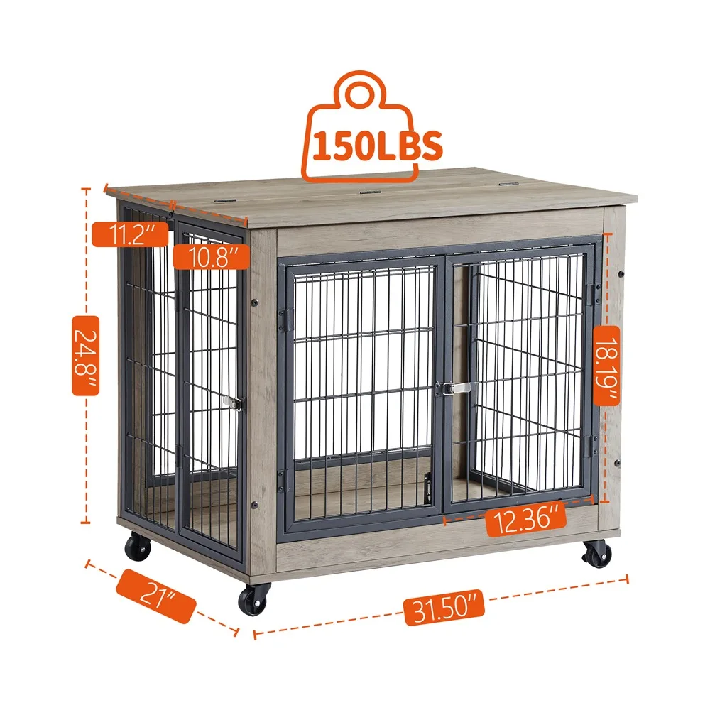 Furniture Dog Cage Crate with Double Doors on Casters. Grey, 31.50'' W X 22.05'' D X 24.8'' H. Doghouse Dog Crate