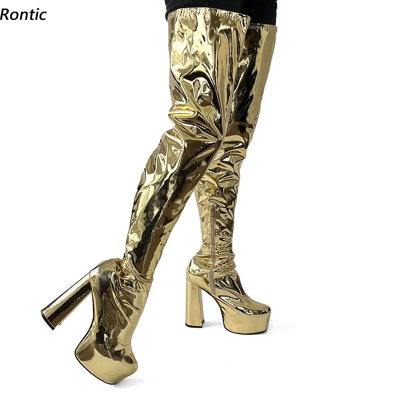 Rontic Handmade Women Spring Platform Over Knee Boots Chunky Heels Round Toe Gold Champagne Party Shoes Ladies US Size 5-20