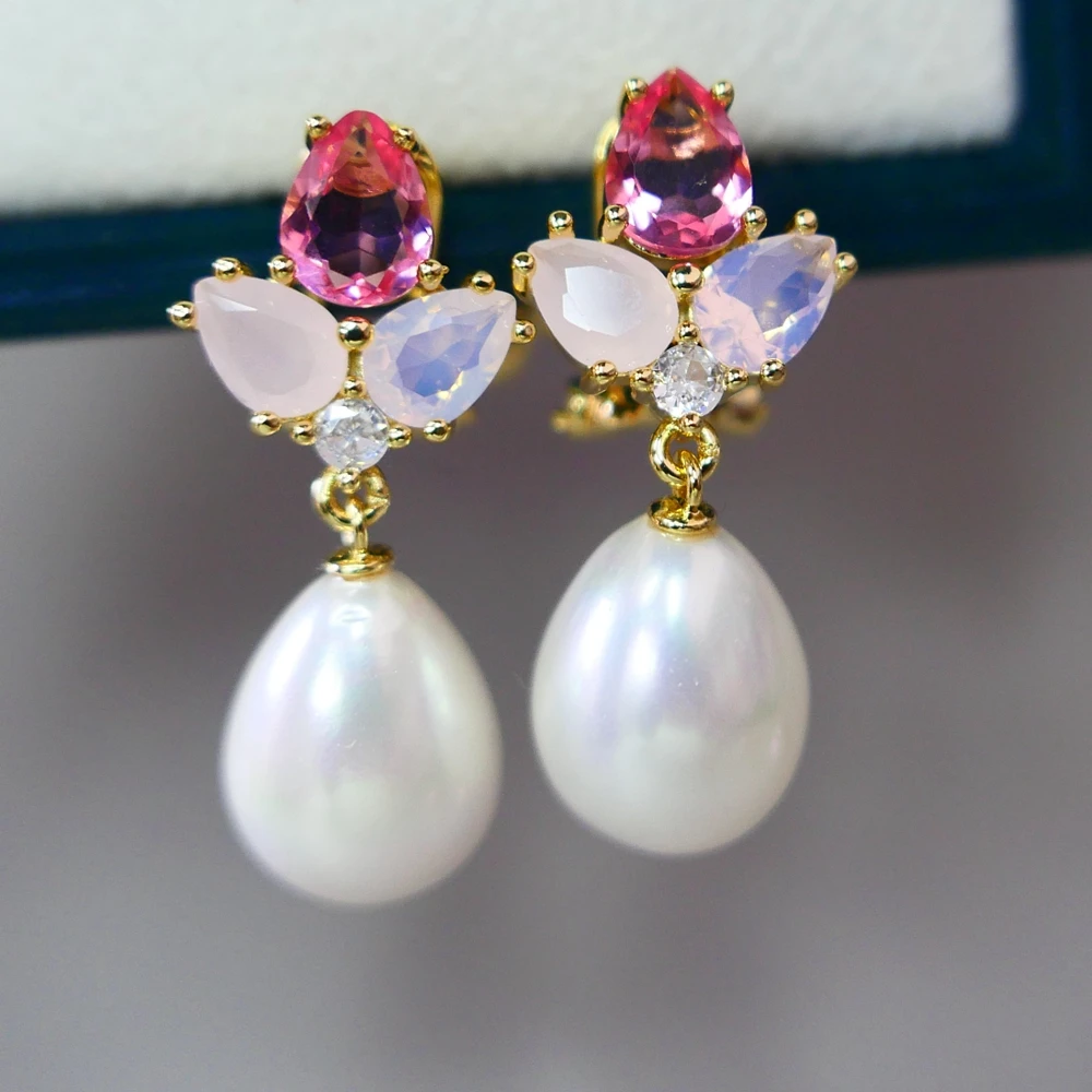 

KQDANCE Women Colored Red Pink Zircon Stone Water Drop Pearl Earrings with Clips 925 Silver Needle Gold Plated Jewelry Wholesale