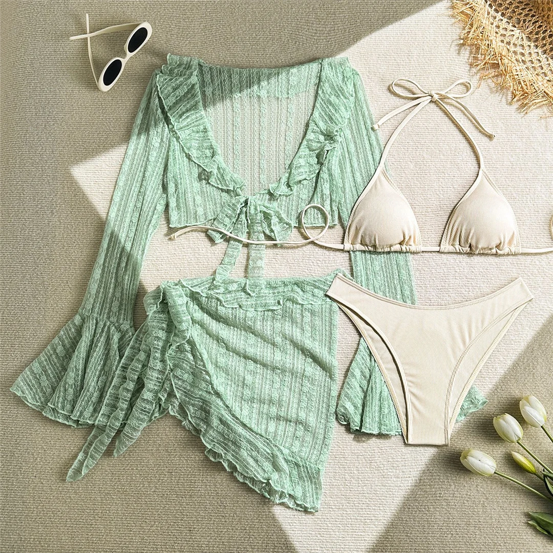 10 Farben, mit Sarong, langärmeliges Bikini-Oberteil, Damen-Badebekleidung, Damen-Badeanzug, vierteiliges Bikini-Set, Badeanzug, Badebekleidung, Modell V6338E. – Detail 37