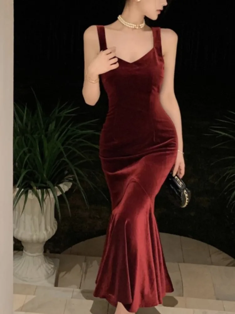 Elegant Women French Style Wine Red Camisole Long Dress Spring Autumn Vintage Solid Slim Ladies Evening Party Mermaid Robe New