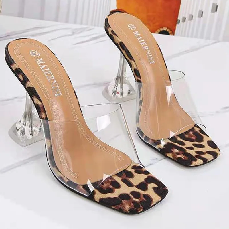 PVC Transparent High Heeled Sandals Women Square Head Open-toe Fashion Slippers 36-43 Large Size Crystal Dress Sandals Women