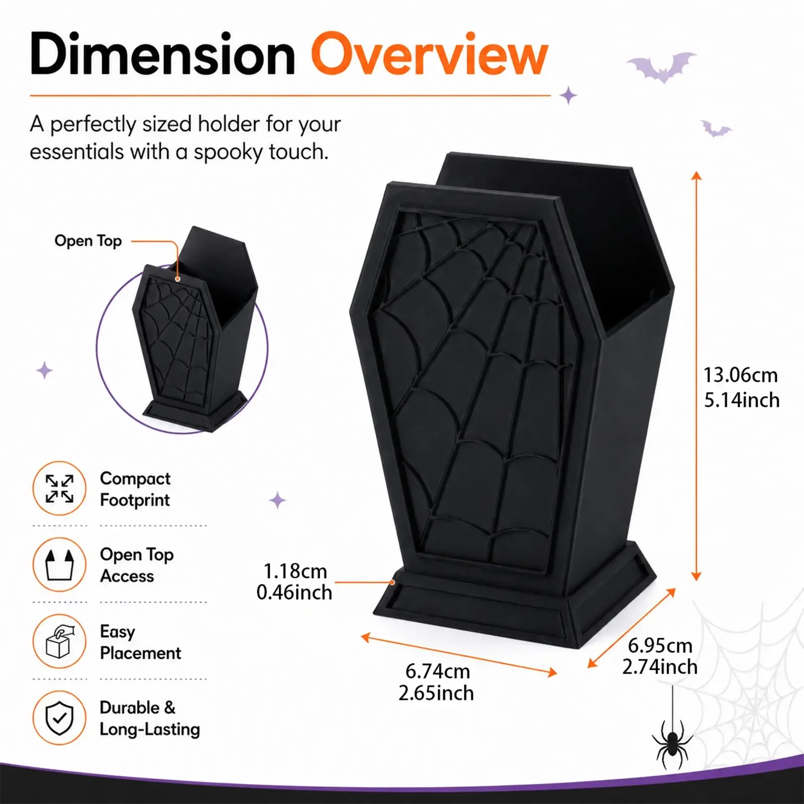 Gothic Coffin Spider Web Pattern 3D Printed Storage Tube, Dark Halloween Bathroom Toothbrush Holder, Desktop Pen Organizer Decorative Item, Countertop Toothbrush Holder, Toothbrush Holders For Bathrooms