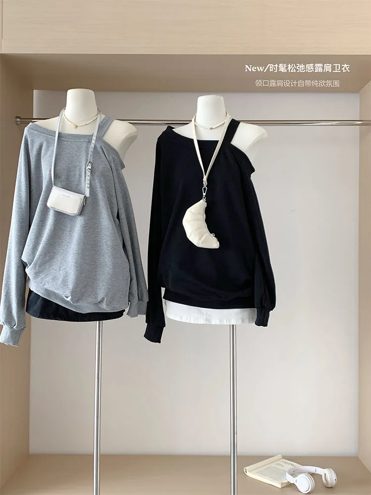 Autumn Winter Women Solid Slim Pullovers Sexy Loose Off Shoulder Design Straight Tops Korean Slash Neck Hoodies 2000s Aesthetic