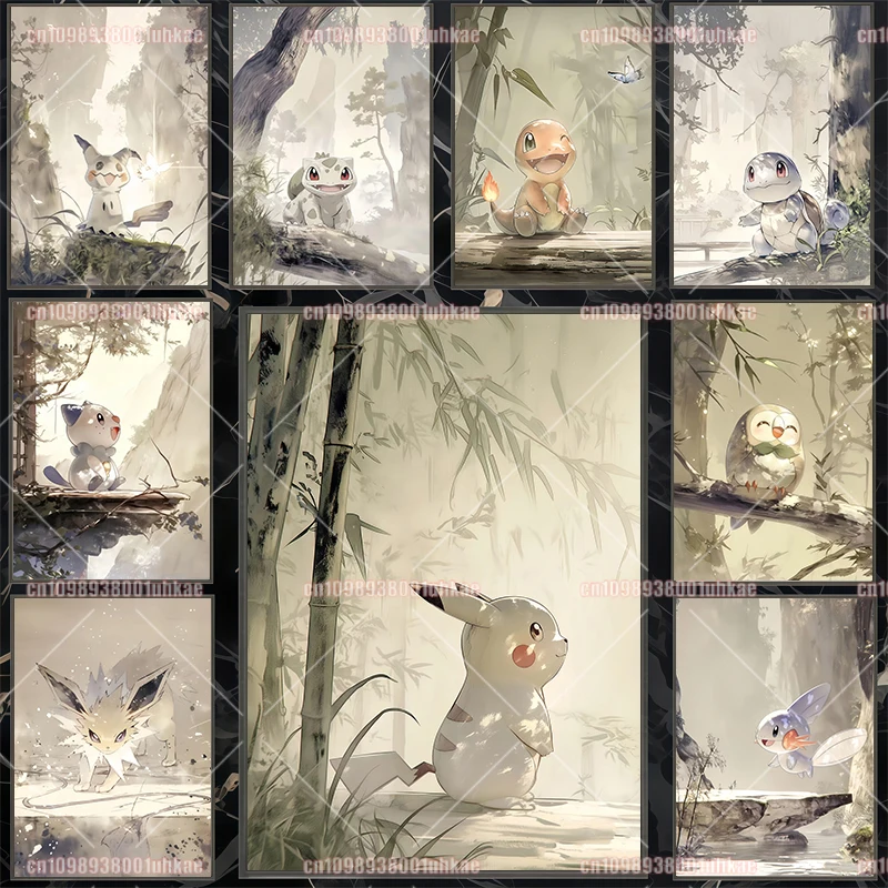 Anime Pokemon Canvas Painting Charmander Gengar Pikachu Eevee Squirtle Poster Retro Art Wall Decoration Painting