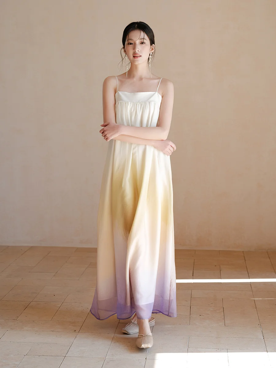 

Новое китайское платье-ханьфу 2025 года: длинная юбка свободного кроя с V-образным вырезом, из мягкого шифона, для вечерних мероприятий