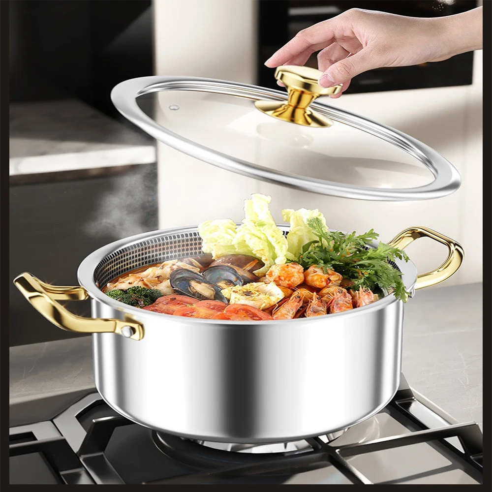 24cm Stainless Steel Soup Pot Honeycomb Non-stick Pot Frying Pan with Lid Household Hot Pot Induction Cooker Gas Stove Universal