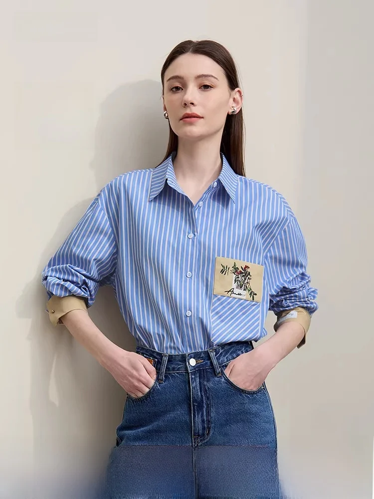 

Новая весенняя женская блузка с воротником, цветочным принтом, вышивкой, цветными полосками, из хлопка, с длинными рукавами, декорированная пуговицами