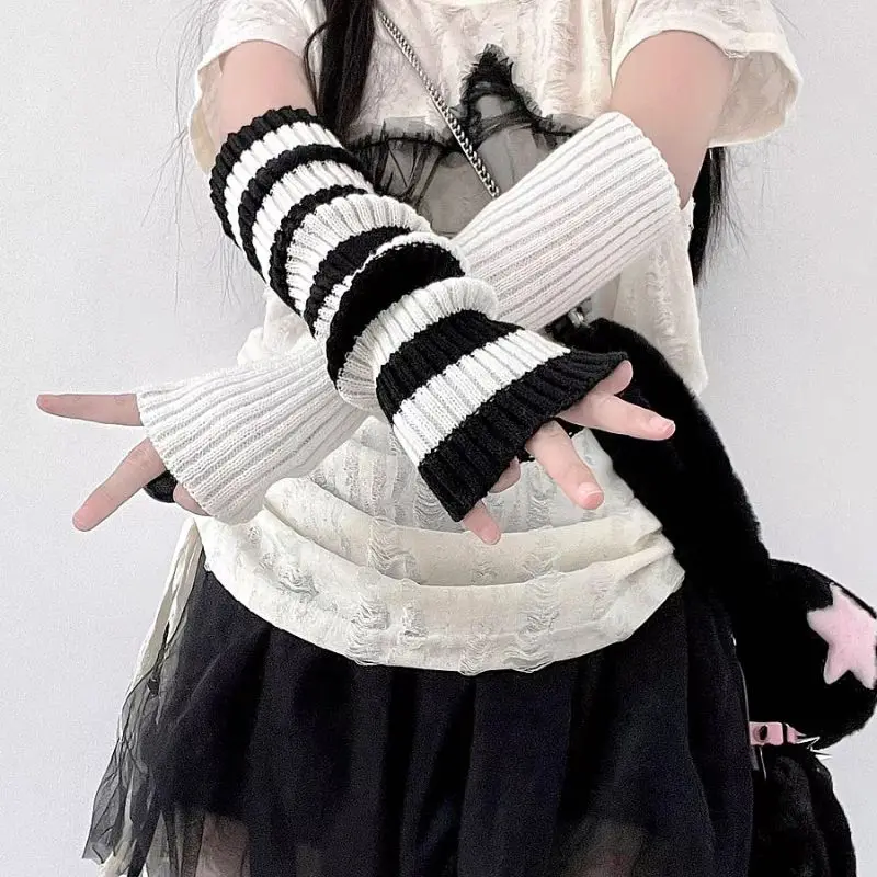 Women's Knitted Arm Sleeves Gothic Style Striped Autumn Winter Long Arm Warmers Girls Harajuku Y2K Wrist Gloves Elbow Mittens