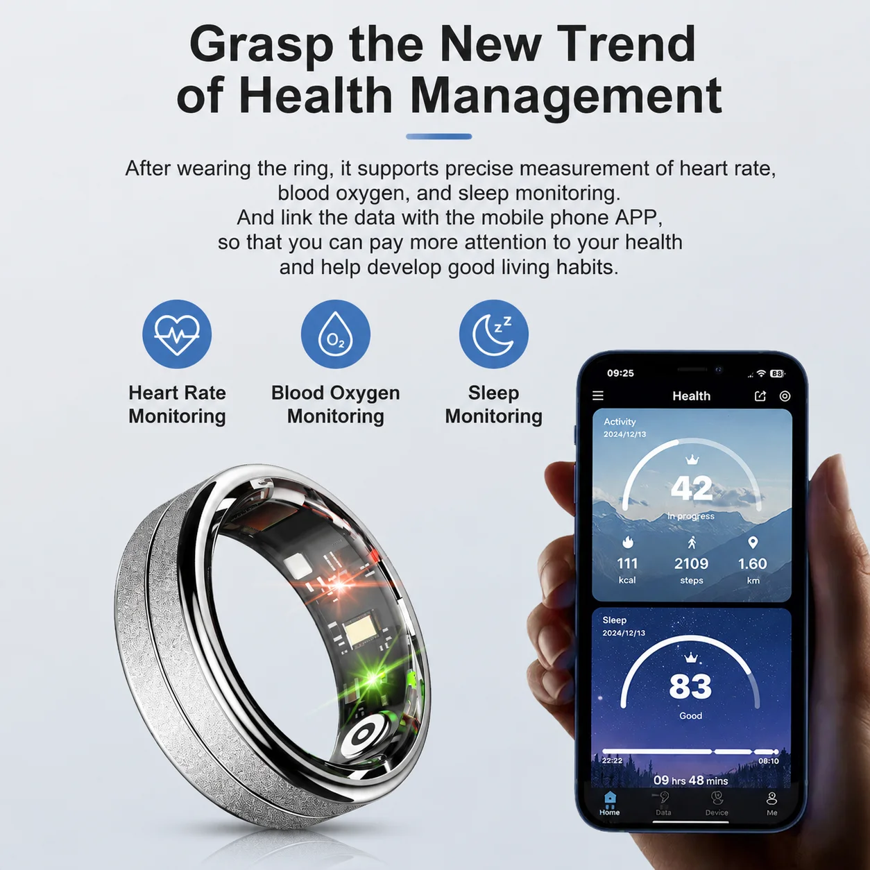 AI Smart Ring Health Tracker Men Women Stainless Steel 5ATM Waterproof Heart Rate SpO2 Sleep Temperature Monitor Fitness Ring view 6