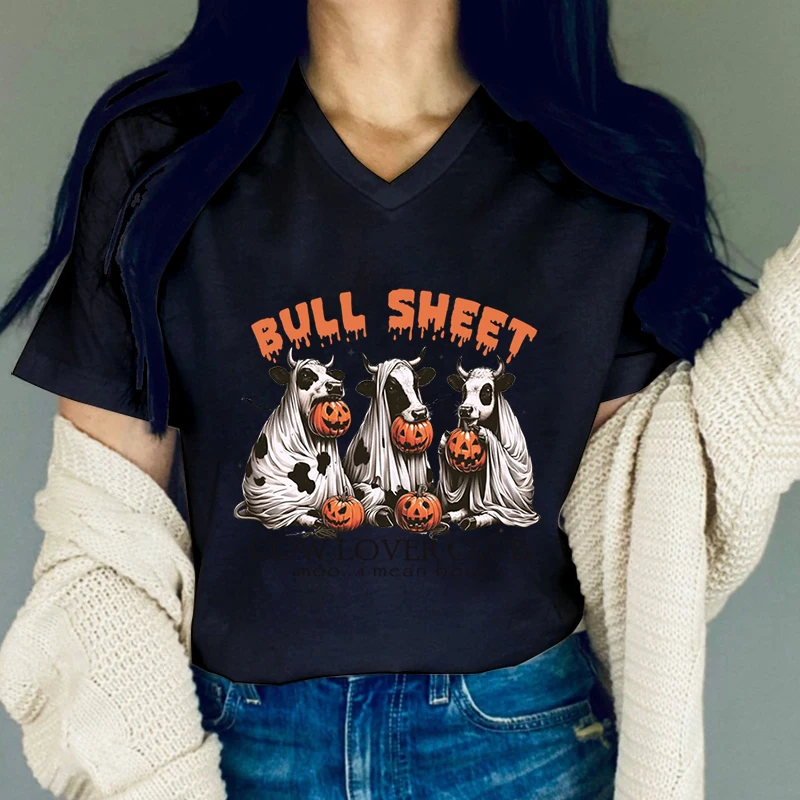 Pumpkin Halloween Woman T-shirts Bull Sheet Cow Lover Club Graphic T Shirts Vintage Cow Pumpkin Essential Halloween Classic Tops