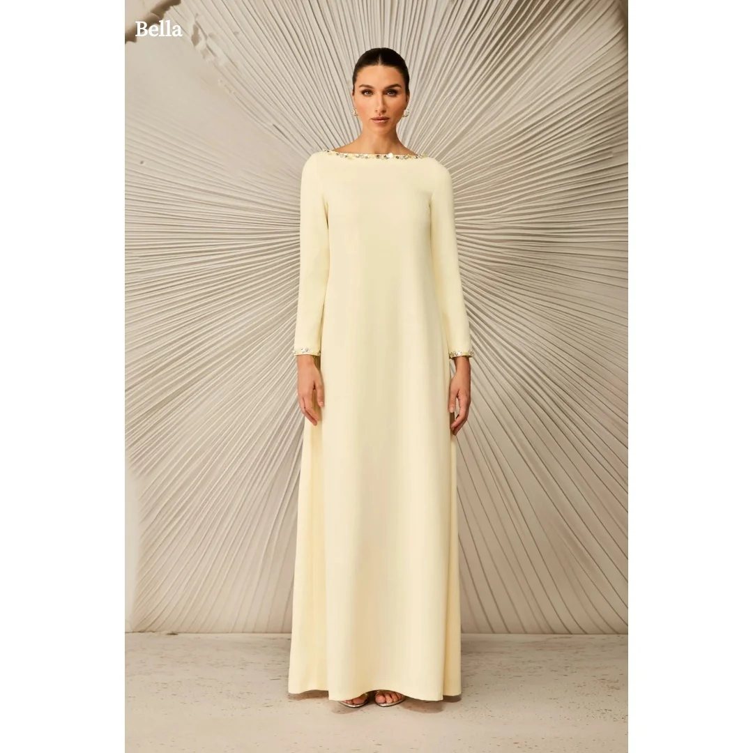 

Bella Customized Cream Yellow Crew Neck Long Sleeve Rhinestone Elegant Fitted Maxi Party Dresses Prom Dress robes de soirée 2025