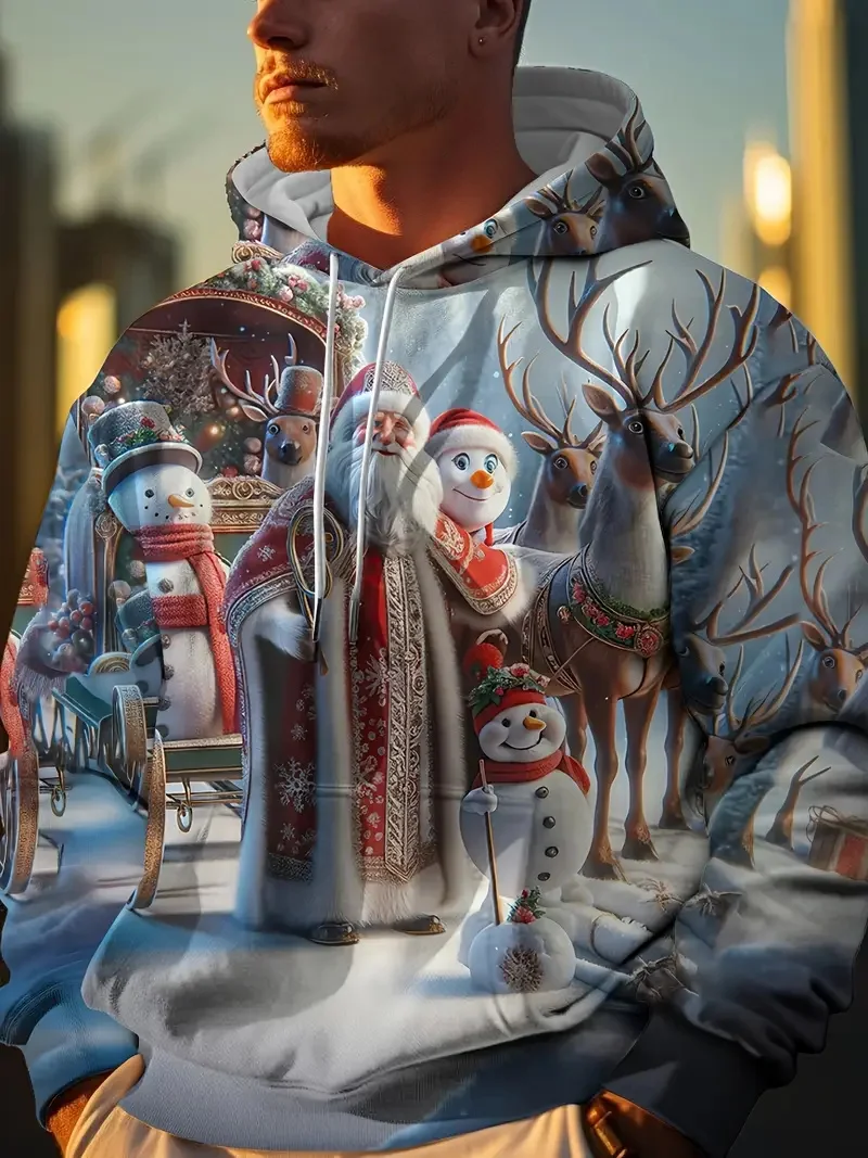 

3D Print Elk Santa Claus Graphic Men's Hoodies Christmas Carnival Party Long Sleeve Hooded Tops Autumn Winter Casual Sweatshirts