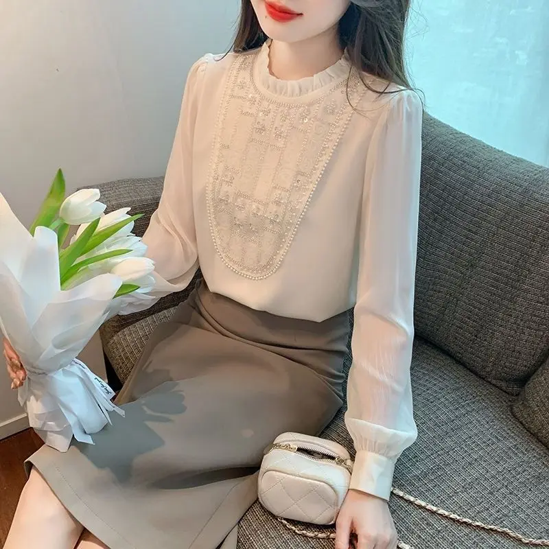 Korean 2024 New Solid Color Stand Collar Spliced Embroidered Flares Sequined Fashion Slim Casual Long Sleeved Blouses Shirts