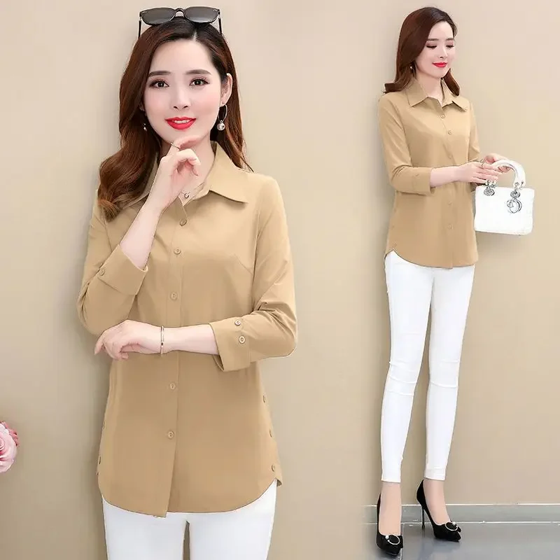 2024 Korean Solid Color Casual Ladies Clothes 2024 Spring New POLO Collar Tops Women Single Breasted Long Sleeve Shirt E764