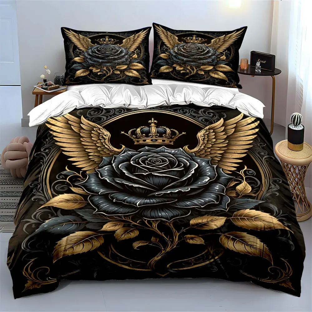 Black Rose with Gold Wings and Crown Design Print Bedding Set 1 Duvet Cover 2 Pillowcases for Adult and Children Luxury Gift