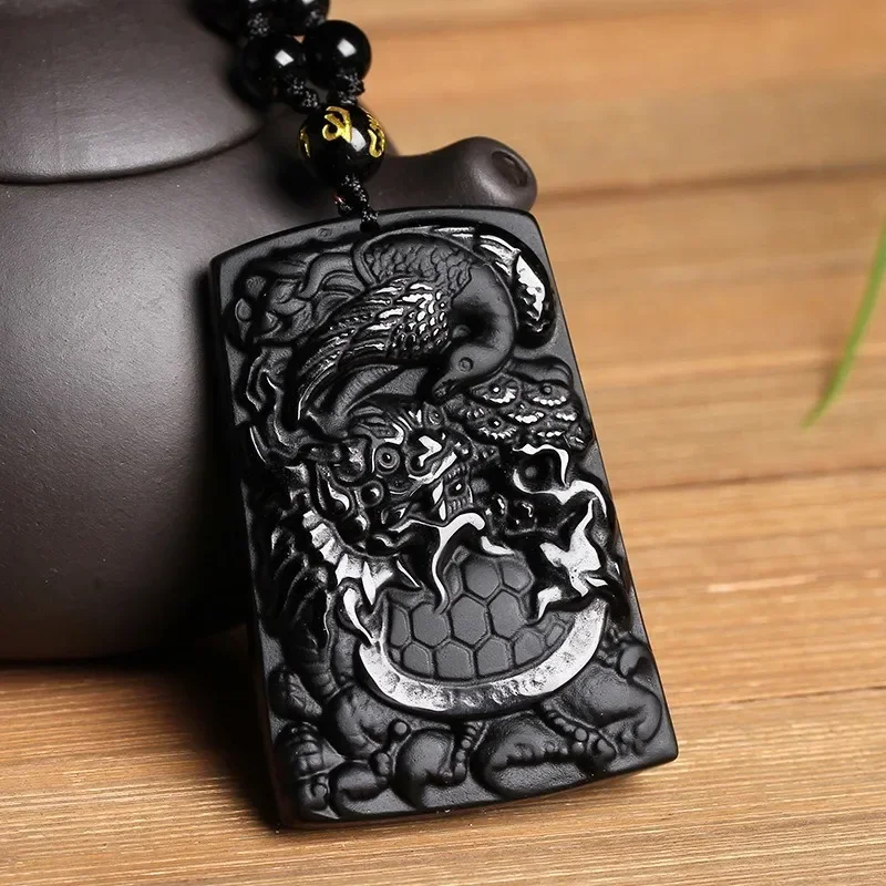 

Natural Black Obsidian Dragon Turtle Pendant Fashion Boutique Hand Carved Safety and Auspicious Send Blessing Necklace