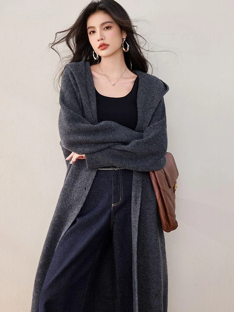 

Mid-Long Cardigans Ladies Womens Winter Layering Lantern-Sleeve O-Neck Ruched Single-Breasted Crew Striped Tonal Boho Outings OL